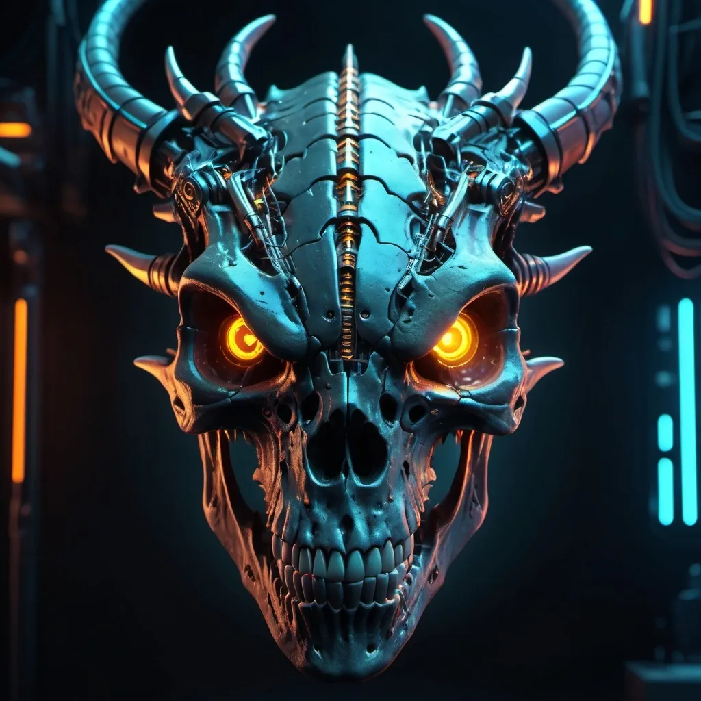 Prompt: Dragon skull cyberpunk style, highly detailed, HD, dark background