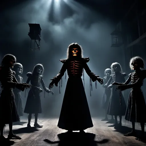 Prompt: (Master of Puppets), a shadowy figure dominates the scene, puppeteering with intricate strings, controlling marionettes beneath a darkened sky, highlighting a sense of power and manipulation, sinister ambiance, rich contrast of light and shadows, ethereal vibe, detailed puppets in extravagant costumes, haunting mood, (ultra-detailed), (4K).