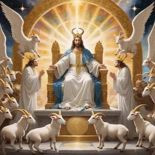 Prompt: A majestic, glowing scene depicting a powerful lamb with seven horns and seven eyes standing in the center of a grand heavenly throne. The lamb is reaching out to take a rolled-up scroll with seven seals from the hand of a radiant figure seated on the throne. Surrounding them, a heavenly host of angels and elders dressed in white robes, with crowns of gold, are bowing in worship. The scene is filled with divine light, ethereal clouds, and vibrant celestial colors. The overall mood is both reverent and awe-inspiring, emphasizing the significance of this moment. The setting appears otherworldly, with the throne shimmering in gold and jewels, and the background filled with stars and divine radiance."