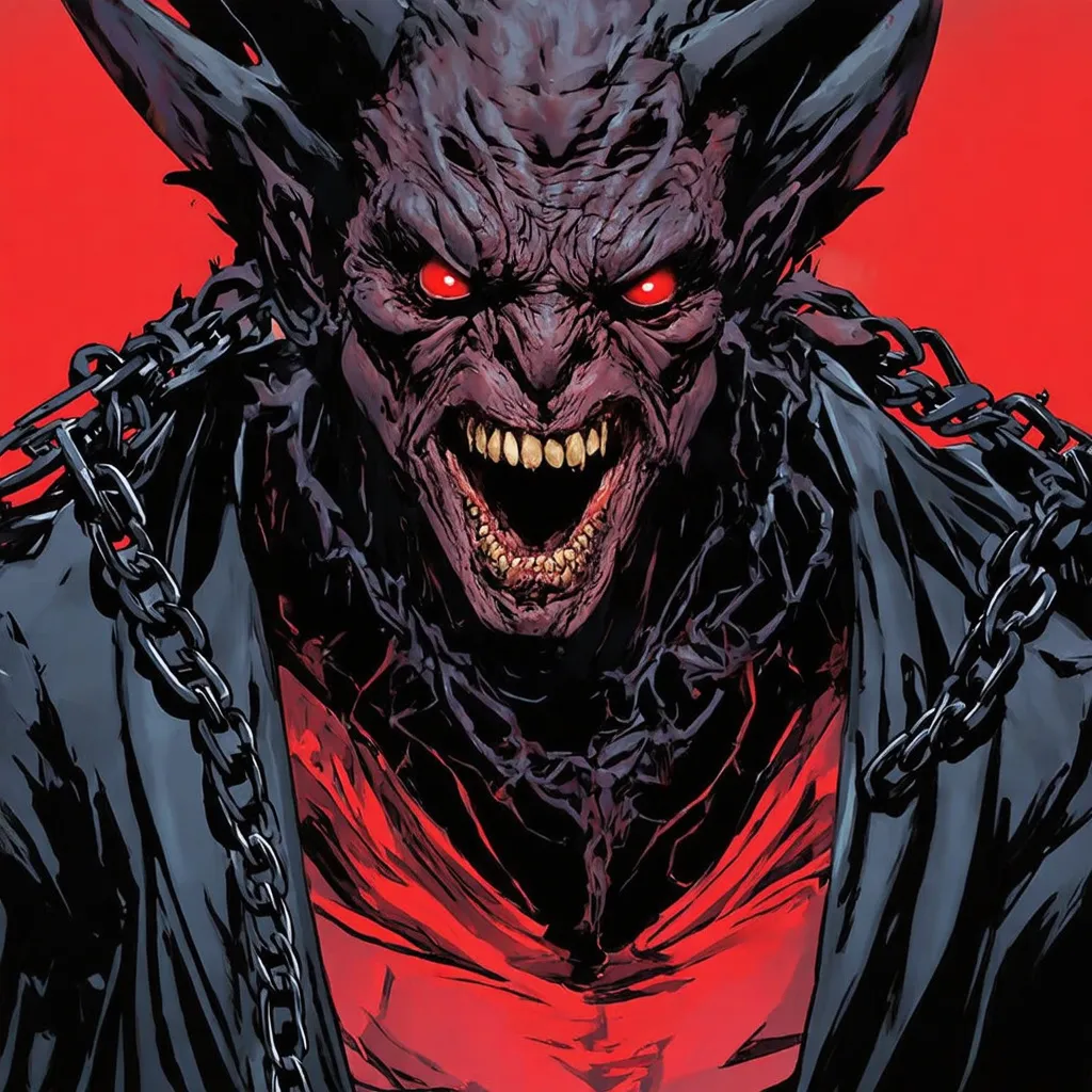 Prompt: a demonic looking creature with red eyes and a black body with red eyes and a black chain around it, Eddie Mendoza, sots art, ultra realistic digital art, a comic book panel