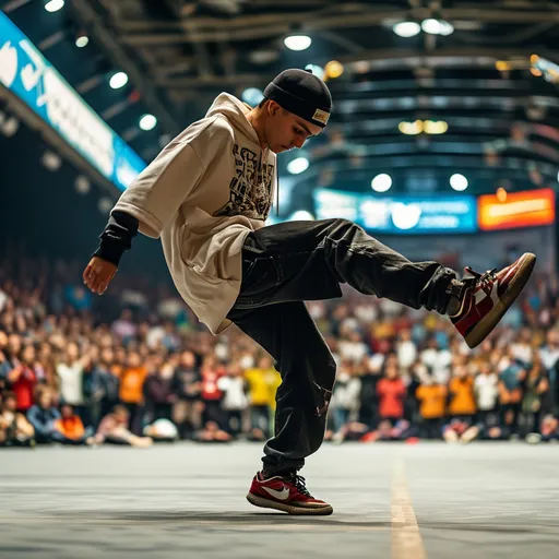 Prompt: (olympic breakdance competition in France), dynamic energy, athletes executing impressive moves, urban background with iconic French landmarks, vibrant colors, celebratory atmosphere, lively crowd, dramatic lighting, high energy and intensity, ultra-detailed, capturing movement and passion of the dancers, sense of competition and camaraderie, panoramic view of the event, festival vibe.