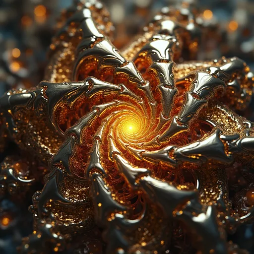 Prompt: Abstract Fractal Geometry: An ultra-detailed fractal image of interlocking geometric shapes, glowing in metallic gold, silver, and bronze. The intricate, recursive design radiates energy and complexity, captured in hyper-realistic 4K.

