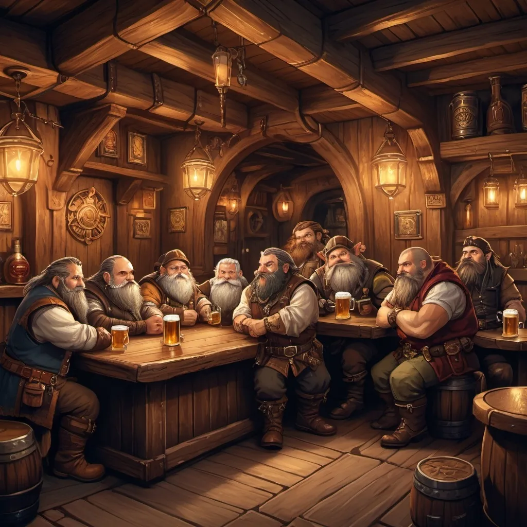 Prompt: (dwarf characters in a speak-easy tavern), (fantasy character art), (intricate details), cozy atmosphere, warm tone colors, dim lighting, richly textured wood, stone walls, charming bar setting, lively interaction, steampunk elements, dnd influence, inviting ambiance, animated expressions, fantasy footwear, tankards of ale, decorative tapestries, 4K ultra-detailed illustration.