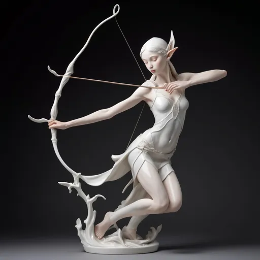 Prompt: (white glossy porcelain sculpture) of an Elf Archer, delicate features and precise posture, soft graceful curves, ethereal elegance, intricate detailing on the bow and quiver, serene expression, captivating aesthetic, (soft studio lighting) casting gentle shadows, emphasizing the smooth texture, minimalist background for focus, (ultra-detailed) high-quality depiction, captivating artistry in porcelain.