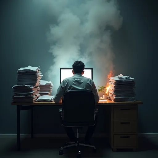 Prompt: Burnout: "A person sitting at a desk, surrounded by piles of paperwork and glowing computer screens. The individual appears exhausted, their body slumping forward, while a gray, smoky aura of fatigue slowly engulfs them, with faint embers fading from their once-vibrant form."