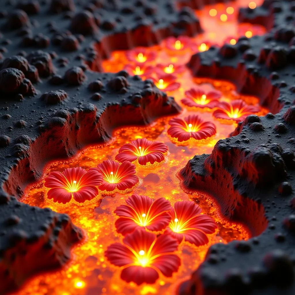 Prompt: Design a flowing river of molten lava with embedded, glowing hibiscus flowers riding on the molten currents, creating an ethereal, floral magma effect.