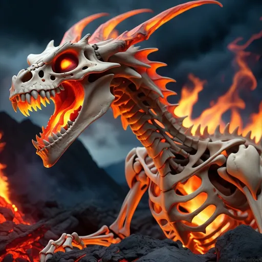 Prompt: (Dragon skeleton), volcanic setting, fire breathing, intense flames, molten lava, burning rocks, dark and smoky atmosphere, night sky illuminated by fiery glow, ash and embers in the air, dramatic lighting, high contrast, warm tones with fiery reds and deep oranges, highly detailed bones with visible texturing, eerie and intimidating mood, photorealistic, ultra-detailed, 4K.