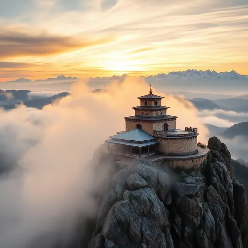 Prompt: Mountain Monastery at Dawn: A serene ancient monastery perched high on a rocky mountain, surrounded by mist and glowing softly in the early morning light. The building's stone walls are worn but sturdy, with intricate carvings that hint at centuries of devotion. In the distance, snow-capped peaks are visible under a golden sky.