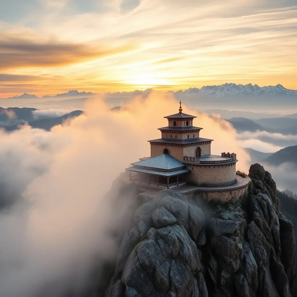 Prompt: Mountain Monastery at Dawn: A serene ancient monastery perched high on a rocky mountain, surrounded by mist and glowing softly in the early morning light. The building's stone walls are worn but sturdy, with intricate carvings that hint at centuries of devotion. In the distance, snow-capped peaks are visible under a golden sky.