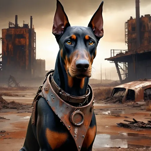 Prompt: Doberman companion in the wasteland facing the camera, digital painting, post-apocalyptic setting, rusty metallic tones, dramatic lighting, detailed fur with rust reflections, intense and focused gaze, tattered collar, highres, ultra-detailed, digital painting, post-apocalyptic, dramatic lighting, rust reflections, detailed eyes, intense atmosphere