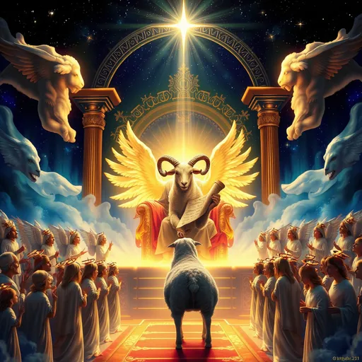 Prompt: A majestic, glowing scene depicting a powerful lamb with seven horns and seven eyes standing in the center of a grand heavenly throne. The lamb is reaching out to take a rolled-up scroll with seven seals from the hand of a radiant figure seated on the throne. Surrounding them, a heavenly host of angels and elders dressed in white robes, with crowns of gold, are bowing in worship. The scene is filled with divine light, ethereal clouds, and vibrant celestial colors. The overall mood is both reverent and awe-inspiring, emphasizing the significance of this moment. The setting appears otherworldly, with the throne shimmering in gold and jewels, and the background filled with stars and divine radiance."