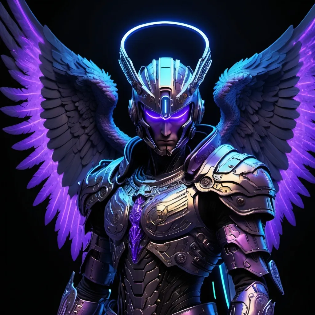 Prompt: (Anime cyberpunk style) depiction of Michael The Archangel, (highly detailed) features with intricate armor and glowing accents, amidst a (dark background) creating a striking contrast. The ambiance is intense and dramatic, infused with neon colors of purple and blue highlighting his powerful presence, evoking wonder and awe. (HD), ultra-detailed, captivating composition.