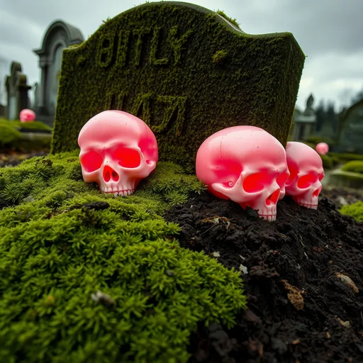 Prompt: A detailed, close-up shot of a moss-covered tombstone, with several pink skulls emerging from the soft, damp earth. The texture of the moss and the dirt are highly detailed, contrasting with the smooth, glowing surface of the pink skulls. The background is filled with more tombstones and an overcast sky.