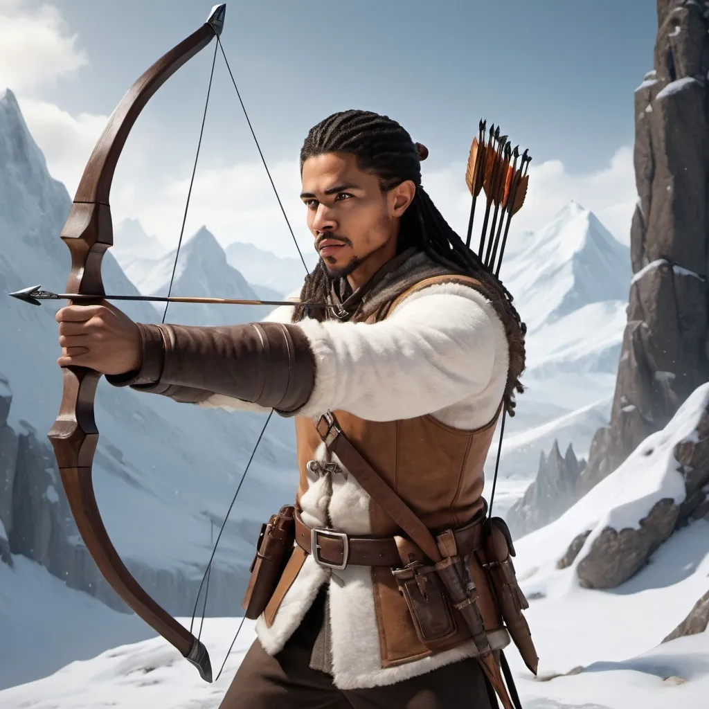 Prompt: (hyper-realistic Elvin Archer), snow-covered mountain scene, bow in hand, ready to shoot an arrow, (fantasy character art), (D&D theme), warm tones, detailed icy surroundings, dramatic lighting in the backdrop, enhanced textures on clothing, focus on facial expression and posture, (high definition), cinematic feel, captivating atmosphere filled with adventure.