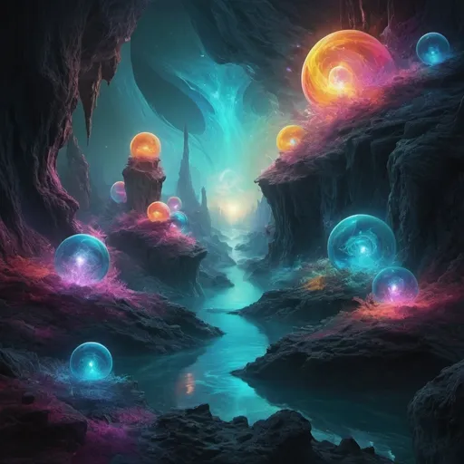 Prompt: digital art (the unseen realm), ethereal landscapes, abstract representation, cosmic elements, vibrant colors, mystical atmospheres, surreal designs, imaginative entities, glowing orbs, dreamlike scenes, otherworldly textures, high depth cinematic quality, immersive visuals, captivating details, ultra-detailed craftsmanship, enchanting aura.