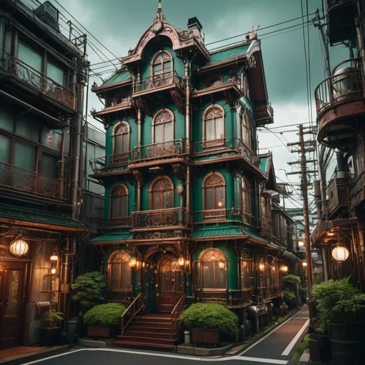 Prompt: (steampunk house), a captivating city block in Osaka, Japan, intricate gears and machinery, tinted brass accents, Victorian architecture, cloudy sky moody atmosphere, urban setting with narrow streets, neon signs glowing in warm light, lush vegetation intertwining with structures, high-quality, ultra-detailed, cinematic ambiance, rich copper and emerald hues, inviting yet whimsical vibe.