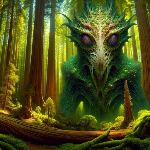 Prompt: (bizarre strange creature), an otherworldly being from an enchanted forest, ancient trees in the background, lush green foliage, dappled sunlight filtering through, mystical atmosphere, detailed textures on the creature's skin, vibrant hues of forest life, ultra-detailed, high quality, surreal and captivating, evoking curiosity and wonder.