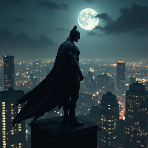 Prompt: Batman's silhouette, (perched atop Gotham City skyline), (cape billowing in the night wind), dramatic moonlight illuminating the scene, dark muted colors contrasting with the vibrant city lights below, intricate architectural details of Gotham, moody atmosphere evoking mystery and heroism, (highly detailed, 4K).