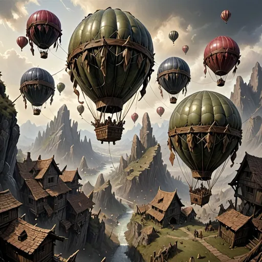 Prompt: A hyper-realistic depiction of a fleet of goblin war balloons in a fantasy Dungeons & Dragons style, floating in the sky. The balloons are made from large, patchwork hot-air balloons with detailed stitching and worn, tattered fabric. Each balloon is tethered to a wooden platform reinforced with scrap metal and spikes, filled with goblin warriors who have fierce, expressive faces. The goblins are armed with spears, bows, and makeshift cannons. The scene below features jagged mountains and a dramatic, stormy sky, enhancing the realism and intensity of the image.