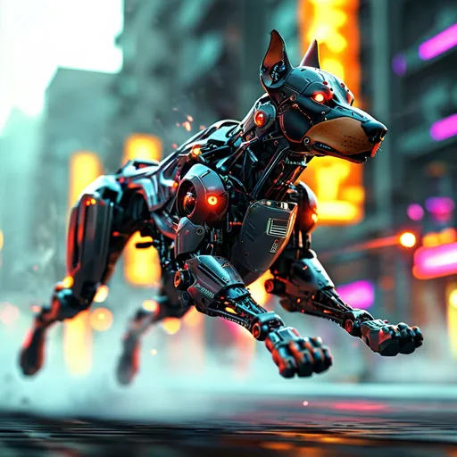 Prompt: (Mecha Doberman running fast), ultra-detailed, cutting-edge mechanical design, dynamic motion, metallic textures, high-energy, action-packed, intricate circuitry, glowing LED elements, sleek armor, futuristic cityscape background, neon lights, dramatic motion blur, cinematic bright highlights, vibrant and intense colors, high-contrast lighting, photorealistic, ultra-HD, action-focused, adrenaline-pumping atmosphere, sense of urgency, powerful, and strong presence.