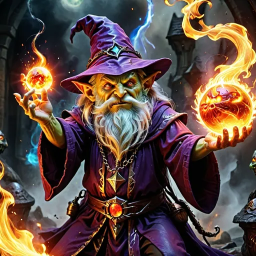 Prompt: (wizard casting a spell, fireball engulfing goblins), dramatic action scene, vibrant colors, intense flames, dark ominous background, mystical atmosphere, cinematic lighting, high contrast shadows, dynamic motion captured, fantasy theme, ultra-detailed, 4K quality, evoking a sense of urgency and enchantment.