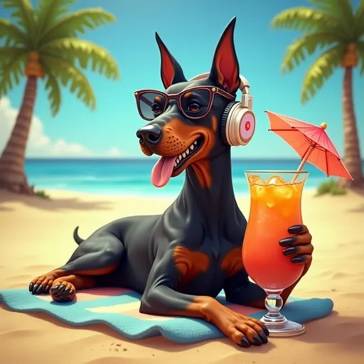 Prompt: A doberman dog lying on a beach lounger, holding a tropical drink with a tiny umbrella in its paw, wearing modern headphones and retro-style sunglasses while sunbathing. The setting features a sunny beach with golden sand, a clear blue sky, and palm trees in the background. Warm sunlight enhances the relaxed and cheerful atmosphere.