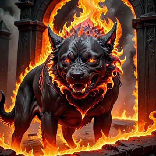 Prompt: Hell Hound (vicious and fierce) bursting forth from (the fiery, ominous gates of hell), flames and smoke swirling, showcasing a (dramatic landscape) with vivid reds and oranges illuminating the dark shadows, a sense of raw, primal energy, reminiscent of (mythical chaos), ultra-detailed, highly dynamic movement, high quality, 4K.