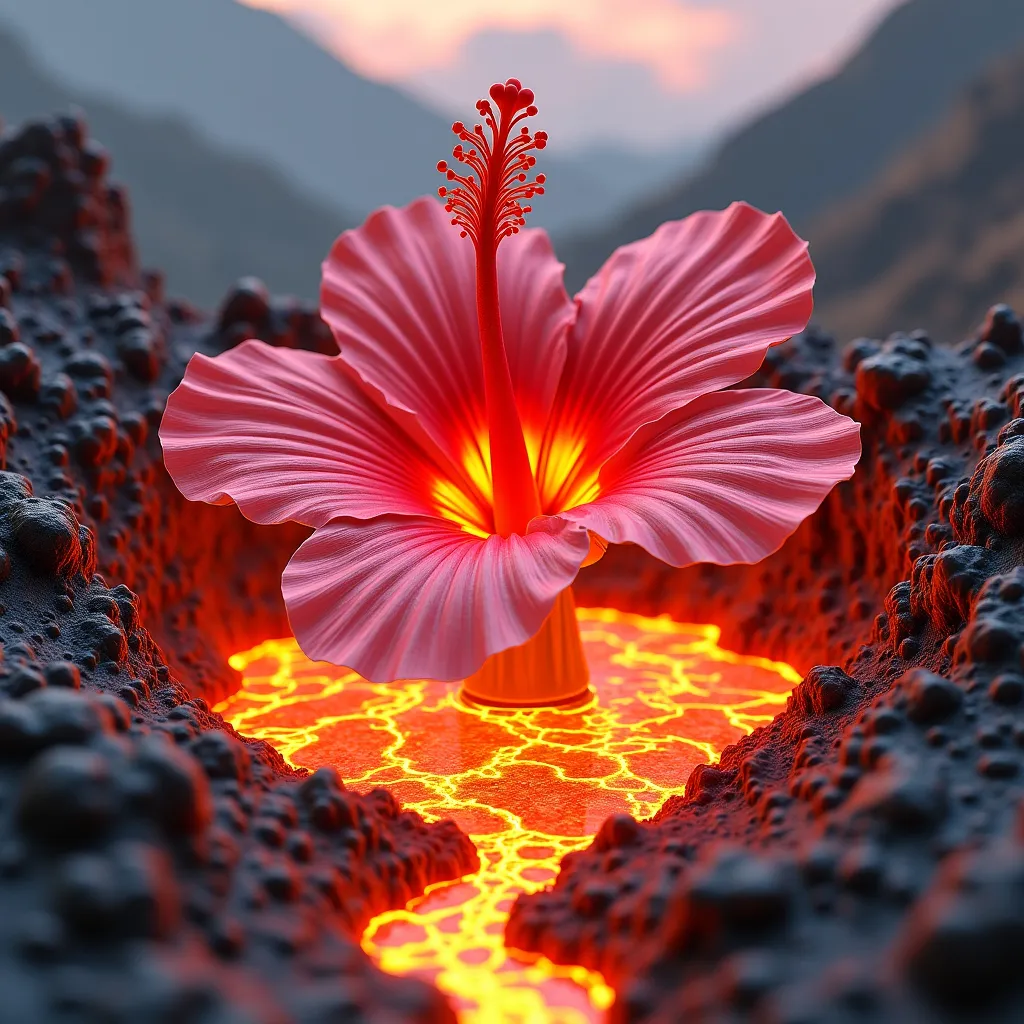 Prompt: Create a 3D scene where a gigantic hibiscus flower sits at the center of an active volcanic crater, with glowing lava flows seamlessly merging into the vivid petals.