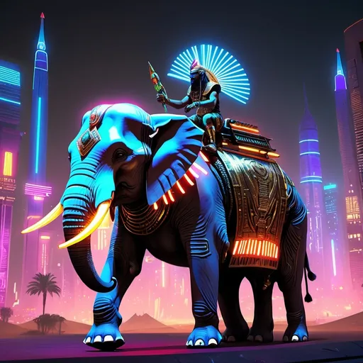 Prompt: (Cyberpunk Egyptian war elephant), adorned in luminous neon patterns and futuristic armor, (Pharaoh riding), wearing a glowing headdress and advanced weaponry, (dynamic pose), set against a vibrant cityscape with dazzling lights and technology, (dramatic) atmosphere, blending ancient history and futuristic elements, (highly detailed, 4K).