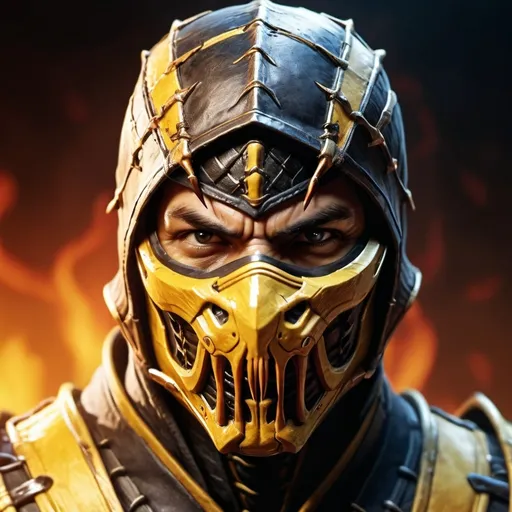 Prompt: Close-up image of (Mortal Kombat Scorpion), intense expression, detailed facial features showcasing determination, intricately designed mask and armor, dramatic lighting casting shadows, vibrant colors emphasizing the heat of battle, (4K resolution), cinematic ambiance, dynamic background with a blurred action scene evoking intensity and tension.