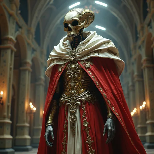 Prompt: A towering alien horror figure draped in red, white, and gold latex robes, its elongated skull adorned with intricate baroque filigree, standing in a cathedral-like spaceship with high-contrast lighting.  