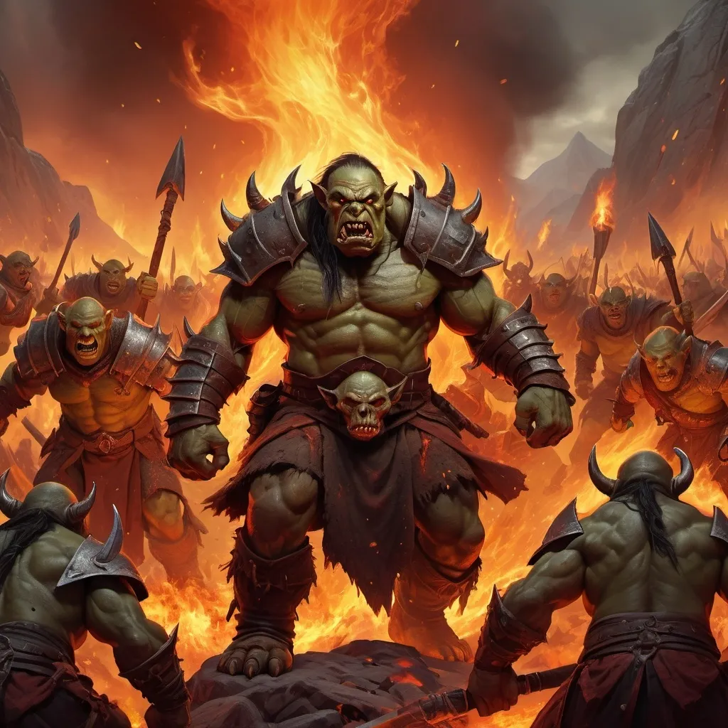 Prompt: (hyper-realistic Orc Army), wielding fiery hands, dynamic poses, fantastical character art, dramatic atmosphere, epic battle scene, intricate details, fantasy landscape background, glowing embers, swirling flames, (D&D-inspired illustration), warm color palette, high depth, ultra-detailed, captivating and immersive ambiance.