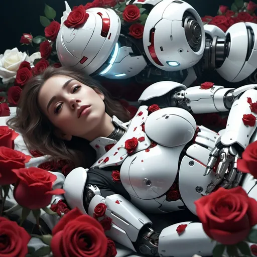 Prompt: (mecha girl laying with red and white roses), cinematic lighting, dynamic pose, intricate details, high-tech textures, delicate floral arrangement, roses scattered across the scene, moody atmosphere, cool metallic tones balanced with vibrant red and soft white, ethereal glow, contrast of mechanical and natural elements, ultra-detailed, high resolution, 4K.