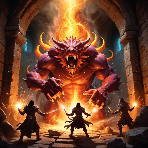 Prompt: (dungeons and dragons fantasy art), (spell casting scene), powerful magical effects bursting from hands, vibrant, fiery colors, a target creature, bursting in an explosion of light, detailed animated expressions of intensity and drama, rich background of a mystical dungeon, dimly lit, stone walls adorned with ancient runes, dynamic action, high contrast, ultra-detailed, epic atmosphere.