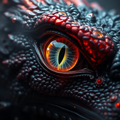 Prompt: (Dragon eye), vibrant scales, intricate details, glowing iris, mystical ambiance, dark smoky background, high contrast, fantasy setting, sparkles of light, high resolution, ultra-detailed, intense colors, captivating gaze, magical atmosphere, extraordinary depth, ethereal light effect, 4K quality image.