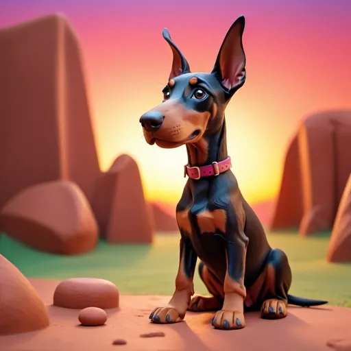 Prompt: claymation scene, a doberman puppy, vivrant sunrise in background,made of clay, high quality animated claymation movie