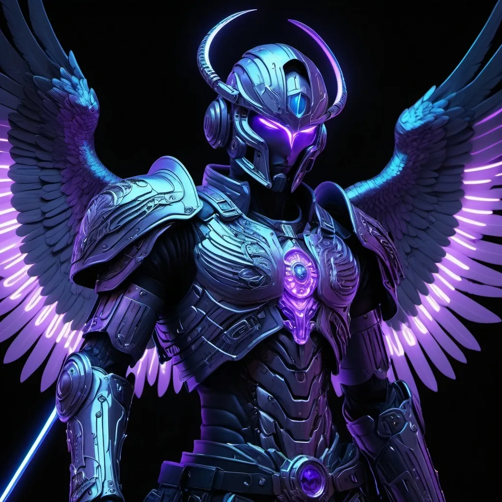 Prompt: (Anime cyberpunk style) depiction of Michael The Archangel, (highly detailed) features with intricate armor and glowing accents, amidst a (dark background) creating a striking contrast. The ambiance is intense and dramatic, infused with neon colors of purple and blue highlighting his powerful presence, evoking wonder and awe. (HD), ultra-detailed, captivating composition.