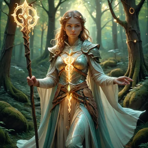 Prompt: Healer (D&D style), intricate fantasy armor, healing staff glowing with magical energy, serene expression, long flowing robes, mystical symbols adorning the outfit, surrounded by soft glowing lights, enchanted forest backdrop, warm color tones, soft ethereal illumination, high detail, 4K resolution, captivating and enchanting ambiance, representing hope and tranquility.