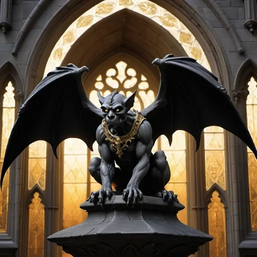 Prompt: Create an image inspired by the 'Goth and Gold Challenge,' featuring a dark and gothic scene with elements of elegance and grace. The centerpiece of the image is a majestic gargoyle perched on a gothic cathedral, its stone wings partially spread. The scene should be moody and atmospheric, with deep shadows and dramatic lighting. Gold accents are subtly incorporated into the gargoyle's design, such as gilded claws, eyes glowing with a golden hue, and intricate gold patterns etched into the stone. Surrounding the gargoyle, the gothic architecture features ornate arches and stained glass windows, with a dark, cloudy sky in the background, adding to the eerie yet graceful ambiance.