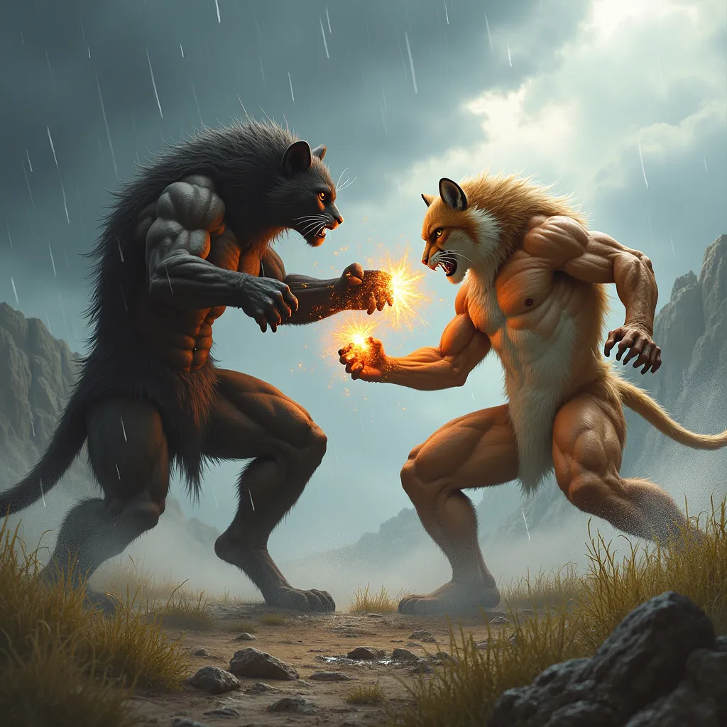 Prompt: Battle Scene: A realistic portrayal of two feline warriors engaged in a fierce battle with energy weapons. The background is a wild landscape with storm clouds and rain, adding intensity. Fur and muscles are rendered with intricate detail, emphasizing the power of each character.