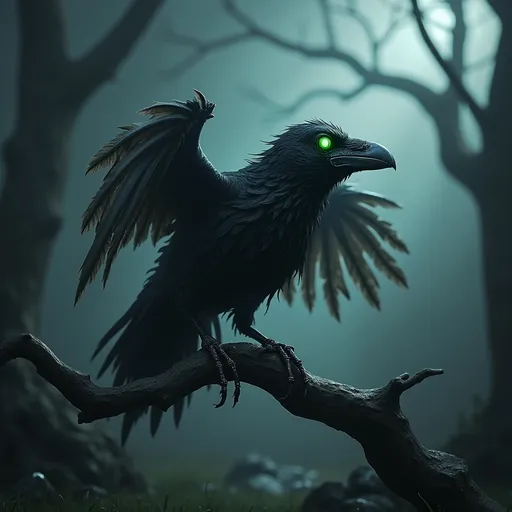 Prompt: A hyper-realistic 3D digital art of an undead crow. The crow is perched on a twisted, dark branch with decaying feathers, glowing eerie green eyes, and exposed bone structure. Its wings have a tattered, skeletal appearance with shadows and fog swirling around it. The environment is a gloomy, mist-covered graveyard at night with twisted trees in the background, creating a haunting and eerie atmosphere. The lighting highlights the undead nature of the crow, with an overall dark and ominous feel.