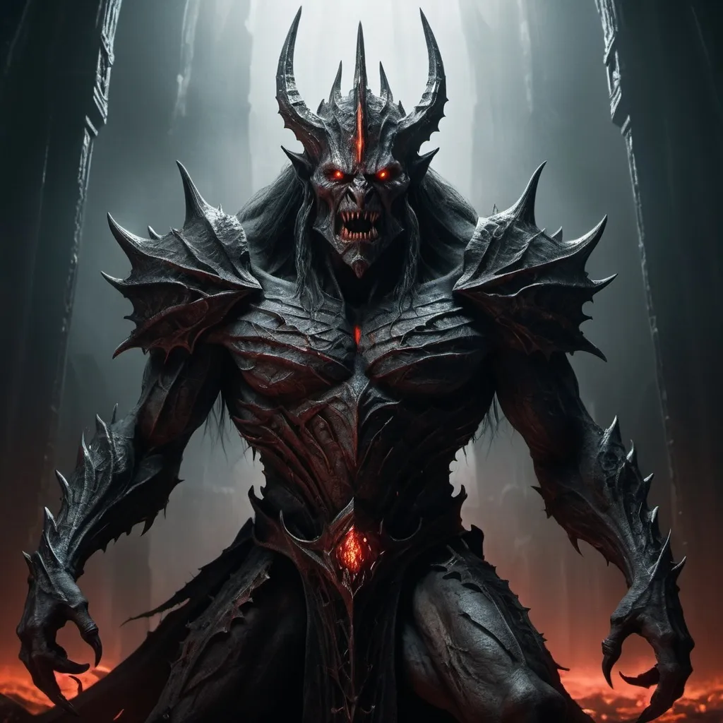 Prompt: Legendary creature, (Sauron) towering menacingly, (Orclike) features, haunting expression, dark aura, gothic design elements, eerie shadows, glowing red eyes, (terrifying atmosphere), (horror themes), intricate details on armor, dramatic lighting casting ominous shadows, deep contrast, high quality, (ultra-detailed) depiction, (cinematic masterpiece).