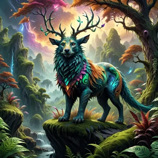 Prompt: Return of the Wildspeaker, (fantastical landscape), vibrant colors, lush greenery, mystical creatures, dramatic skies, enchanting atmosphere, (epic fantasy theme), detailed foliage, a majestic spirit animal in the foreground, shimmering light filtering through trees, (4K resolution), conveying a sense of adventure and reconnecting with nature.