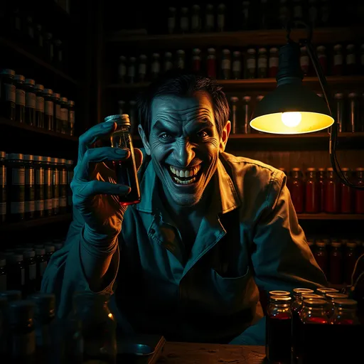 Prompt: "Phlebotomist surrounded by vials of blood in a dark, creepy lab"
A deranged phlebotomist sitting in a dark, eerie lab, surrounded by shelves filled with blood vials. Their face is illuminated only by the faint glow of a flickering lamp, casting long shadows. They are grinning maniacally, holding up a vial of blood to examine it, with blood dripping from their gloves.