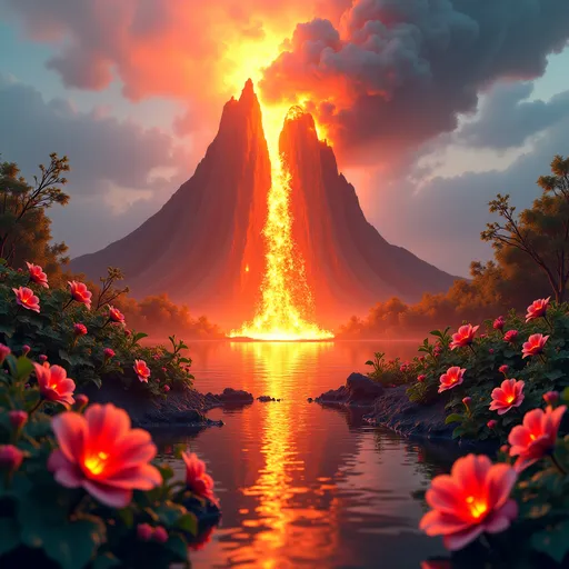 Prompt: A 3D split-scene of half a volcano with roaring fire and the other half gradually turning into a tranquil, oversized hibiscus garden, transitioning from chaos to calm.