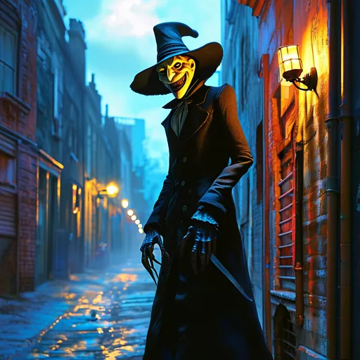 Prompt: A dark, eerie city alley at night with dim streetlights casting long shadows. In the foreground, the Babadook, a tall, menacing figure with a wide-brimmed black hat, pale face, and sharp grin, peers around the corner of a building. He is dressed like an assassin, wearing a long dark coat, blending into the shadows. The scene is unsettling, with a sense of dread as the Babadook's eyes glow faintly, and he grips a blade in his gloved hand, ready to strike. The atmosphere is cold and tense, with mist swirling in the alley.