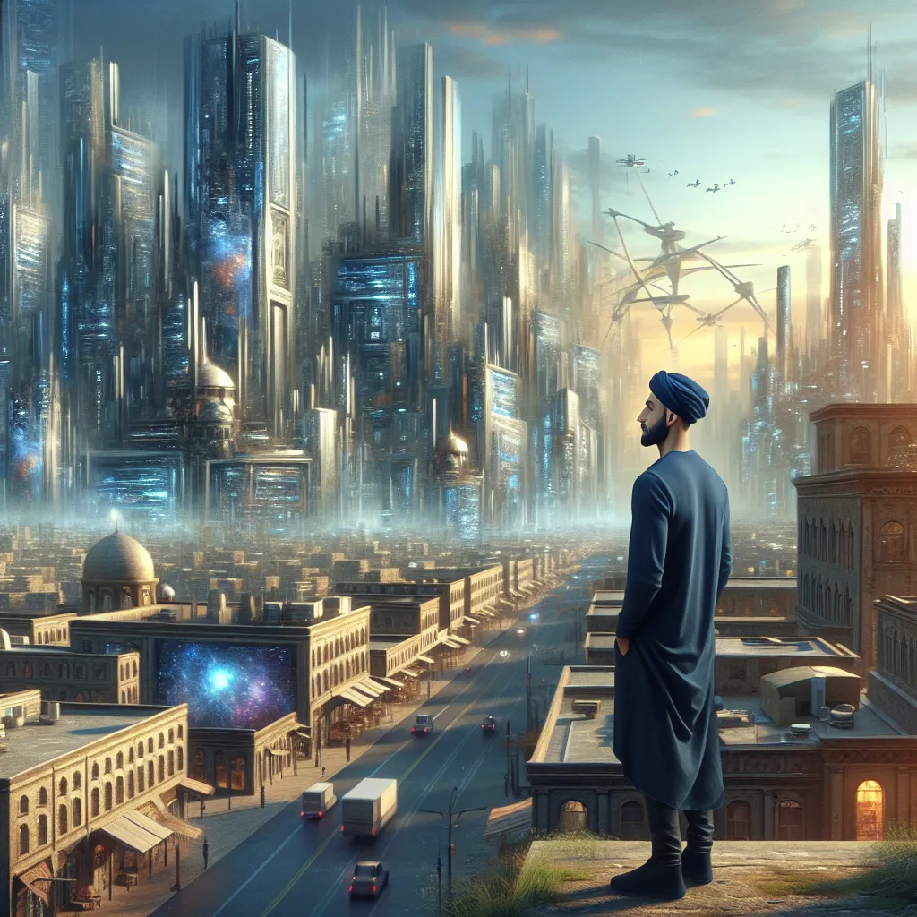 Prompt: a futuristic city with a man standing on the street in front of it and a lot of buildings in the background, Darek Zabrocki, space art, sci fi, a detailed matte painting