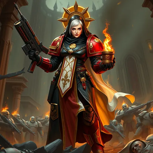 Prompt: "A devout Sister of Battle from the Order of Our Martyred Lady, clad in black and red power armor adorned with golden icons of the Imperium and a flowing white tabard. She holds a bolter in one hand and a burning brazier in the other, with a halo of fire behind her head. Her face is stern and resolute, framed by a short bob of white hair. She stands amidst the ruins of a cathedral, surrounded by the bodies of fallen enemies, with flames and smoke rising in the distance."