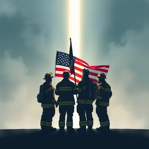 Prompt: A solemn and symbolic tribute to 9/11 first responders. The image shows firefighters and paramedics standing together, holding the American flag, with an abstract background that evokes strength and resilience. Behind them, a beam of light shines upward, symbolizing hope and remembrance. The figures are depicted with a sense of unity, looking towards the light, with subtle elements like helmets and uniforms representing their roles. The background fades into soft colors of blue and gray, creating a calm yet powerful atmosphere of honor and respect. Without letters