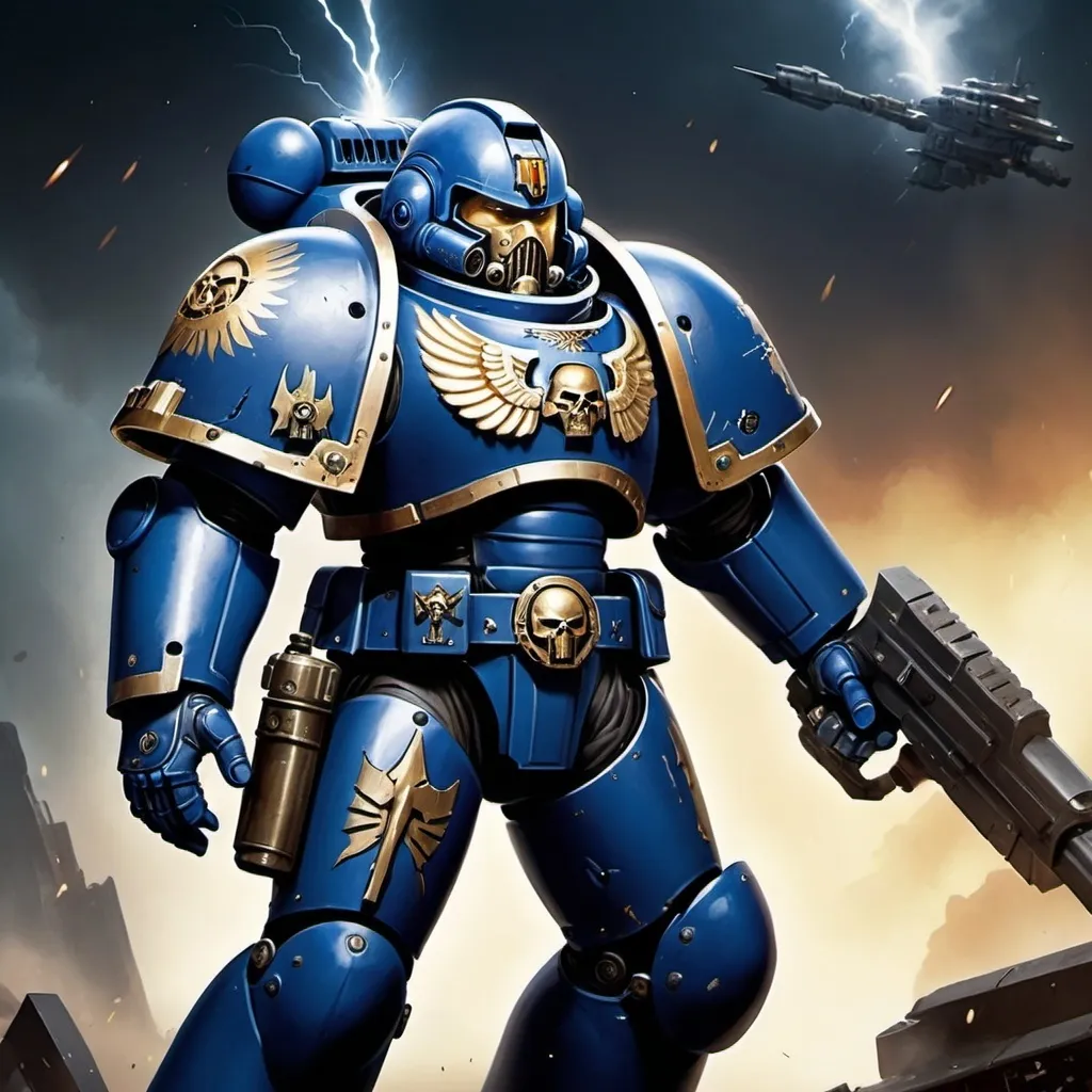 Prompt: "A stern Space Marine Commander from the Ultramarines Chapter, wearing Mark X power armor in deep blue with gold trim. His armor is adorned with purity seals, and he holds a glowing power sword in one hand and a storm bolter in the other. The Commander stands on the deck of a battle-scarred spaceship, overlooking a distant battle. His helmet is off, revealing a scarred face with a determined expression, short-cropped gray hair, and a bionic eye."